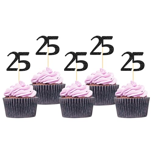 Sotpot Cupcake-Topper "Happy 25th", Kuchendekorationen für 25. Geburtstag, Hochzeitstag, Partyzubehör, schwarzer Glitzer, 30 Stück Sotpot Cupcake-Topper "Happy 25th", Kuchendekorationen für 25. Geburtstag, Hochzeitstag, Partyzubehör, schwarzer Glitzer, 30 Stück von Sotpot
