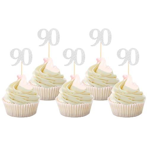Sotpot Cupcake-Topper "Happy 90th Birthday", 90 Jahre, Cupcake-Dekorationen für 90. Geburtstag, Jahrestag, Partyzubehör, silberfarbener Glitzer, 30 Stück von Sotpot