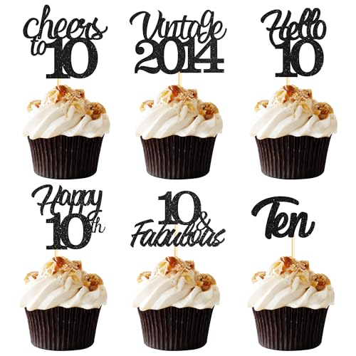Sotpot Cupcake-Topper zum 10. Geburtstag, 24 Stück, schwarzer Glitzer, fabelhaft/Prost/Hello 10 Cupcake-Picker, Geburtstagsparty, Cupcake-Dekorationen (6 Stile) von Sotpot