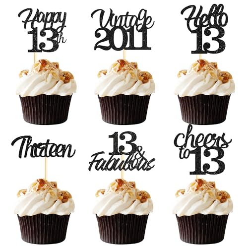 Sotpot Cupcake-Topper zum 13. Geburtstag, 24 Stück, schwarzer Glitzer, fabelhaft/Prost/Hello 13 Cupcake-Picks, Geburtstagsparty-Cupcake-Dekorationen (6 Stile) von Sotpot