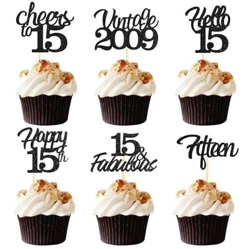 Sotpot Cupcake-Topper zum 15. Geburtstag, 24 Stück, schwarzer Glitzer, fabelhaft/Prost/Hello 15 Cupcake-Picks, Geburtstagsparty-Cupcake-Dekorationen (6 Stile) von Sotpot