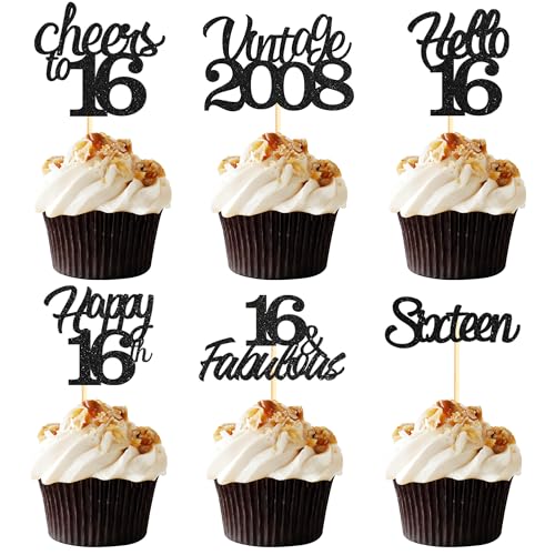 Sotpot Cupcake-Topper zum 16. Geburtstag, 24 Stück, schwarzer Glitzer, fabelhaft/Prost/Hello 16 Cupcake-Picks, Geburtstagsparty-Cupcake-Dekorationen (6 Stile) von Sotpot