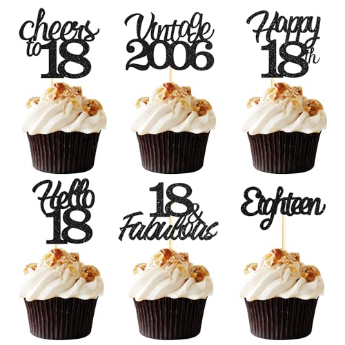 Sotpot Cupcake-Topper zum 18. Geburtstag, 24 Stück, schwarzer Glitzer, fabelhaft/Prost/Hello 18 Cupcake-Picks, Geburtstagsparty-Cupcake-Dekorationen (6 Stile) von Sotpot