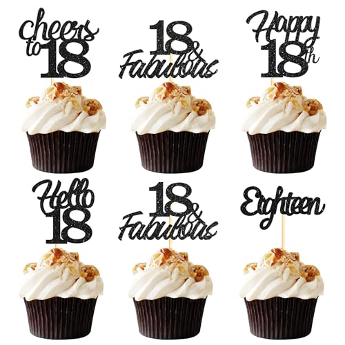 Sotpot Cupcake-Topper zum 18. Geburtstag, Hello 18 Cheers to 18 Years Cupcake-Picks für 18. Geburtstag, Jahrestag, Party, Kuchendekoration, schwarzer Glitzer, 30 Stück von Sotpot