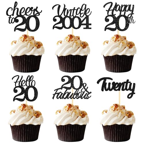 Sotpot Cupcake-Topper zum 20. Geburtstag, 24 Stück, schwarzer Glitzer, fabelhaft, Prost, Hello 20 Cupcake-Picker, Geburtstagsparty-Cupcake-Dekorationen (6 Stile) von Sotpot