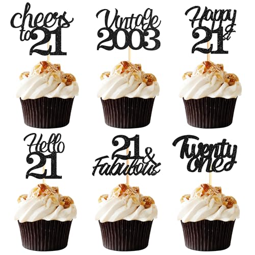 Sotpot Cupcake-Topper zum 21. Geburtstag, 24 Stück, schwarzer Glitzer, fabelhaft, Prost, Hello 21, Cupcake-Picks, Geburtstagsparty, Cupcake-Dekorationen (6 Stile) von Sotpot