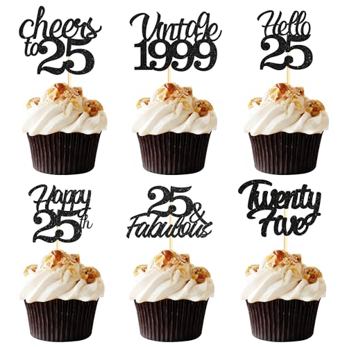 Sotpot Cupcake-Topper zum 25. Geburtstag, 24 Stück, schwarzer Glitzer, fabelhaft, Prost, Hello 25 Cupcake-Picker, Geburtstagsparty-Cupcake-Dekorationen (6 Stile) von Sotpot