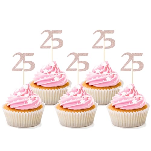 Sotpot Cupcake-Topper zum 25. Geburtstag, Roségold, Glitzer, Prost bis 25 Jahre, Cupcake-Picks für Happy 25th Birthday Party-Kuchendekorationen, 30 Stück von Sotpot