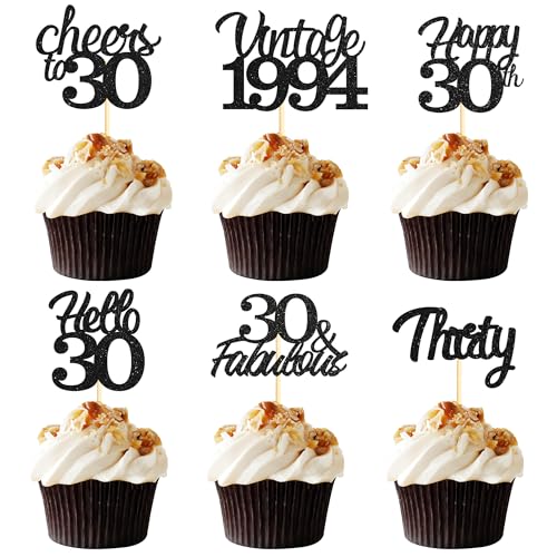 Sotpot Cupcake-Topper zum 30. Geburtstag, 24 Stück, schwarzer Glitzer, fabelhaft, Prost, Hello 30 Cupcake-Picks, Geburtstagsparty-Cupcake-Dekorationen (6 Stile) von Sotpot