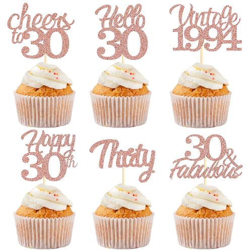 Sotpot Cupcake-Topper zum 30. Geburtstag, 30 Stück, rotgoldener Glitzer, fabelhaft/Prost/Hello 30 Cupcake-Picks, Geburtstagsparty-Cupcake-Dekorationen (6 Stile) von Sotpot