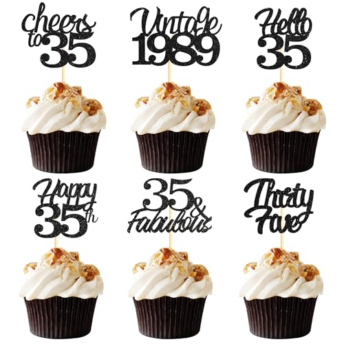 Sotpot Cupcake-Topper zum 35. Geburtstag, 24 Stück, schwarzer Glitzer, fabelhaft/Prost/Hello 35 Cupcake-Picks, Geburtstagsparty-Cupcake-Dekorationen (6 Stile) von Sotpot