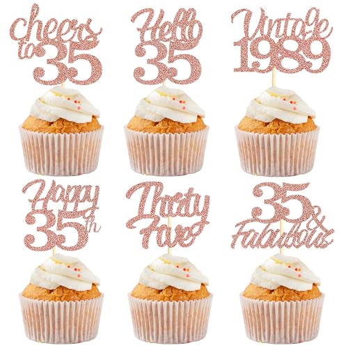Sotpot Cupcake-Topper zum 35. Geburtstag, 30 Stück, rotgoldener Glitzer, fabelhaft/Prost/Hello 35 Cupcake-Picks, Geburtstagsparty-Cupcake-Dekorationen (6 Stile) von Sotpot