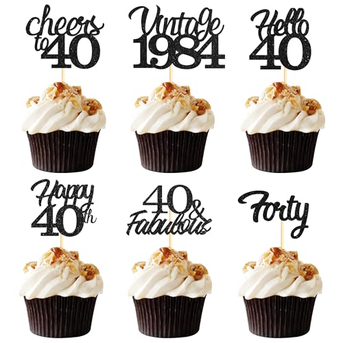 Sotpot Cupcake-Topper zum 40. Geburtstag, 24 Stück, schwarzer Glitzer, fabelhaft, Prost, Hello 40 Cupcake-Picks, Geburtstagsparty-Cupcake-Dekorationen (6 Stile) von Sotpot