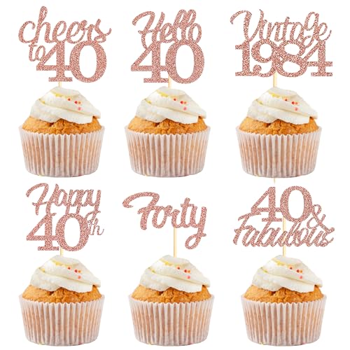 Sotpot Cupcake-Topper zum 40. Geburtstag, 30 Stück, rotgoldener Glitzer, fabelhaft/Prost/Hello 40 Cupcake-Picks, Geburtstagsparty-Cupcake-Dekorationen (6 Stile) von Sotpot