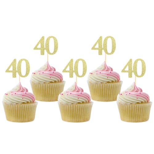 Sotpot Cupcake-Topper zum 40. Geburtstag, goldfarben, glitzernd, 30 Stück, für 40. Geburtstag, Party-Dekorationen von Sotpot
