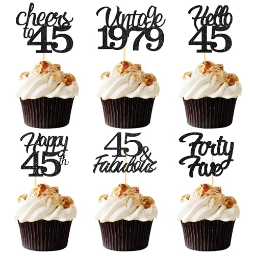 Sotpot Cupcake-Topper zum 45. Geburtstag, 24 Stück, schwarzer Glitzer, fabelhaft, Prost, Hello 45 Cupcake-Picks, Geburtstagsparty-Cupcake-Dekorationen (6 Stile) von Sotpot