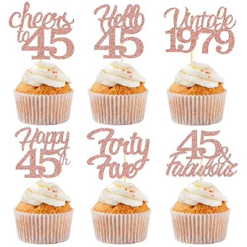 Sotpot Cupcake-Topper zum 45. Geburtstag, 30 Stück, rotgoldener Glitzer, fabelhaft/Prost/Hello 45 Cupcake-Picks, Geburtstagsparty-Cupcake-Dekorationen (6 Stile) von Sotpot