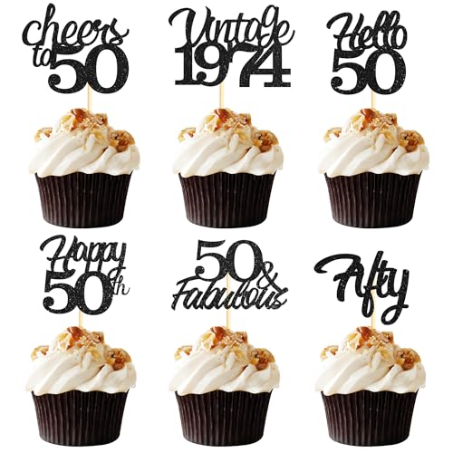 Sotpot Cupcake-Topper zum 50. Geburtstag, 24 Stück, schwarzer Glitzer, fabelhaft, Prost, Hello 50 Cupcake-Picks, Geburtstagsparty-Cupcake-Dekorationen (6 Stile) von Sotpot