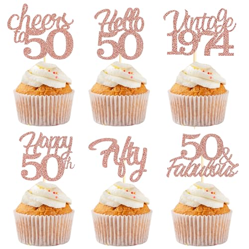 Sotpot Cupcake-Topper zum 50. Geburtstag, 30 Stück, rotgoldener Glitzer, fabelhaft/Prost/Hello 50 Cupcake-Picks, Geburtstagsparty-Cupcake-Dekorationen (6 Stile) von Sotpot