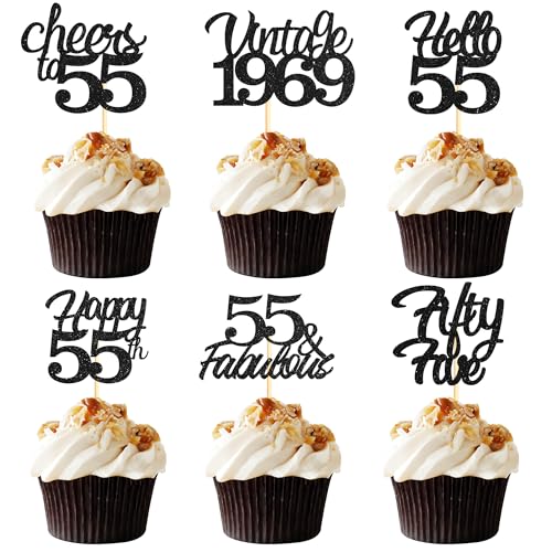 Sotpot Cupcake-Topper zum 55. Geburtstag, 24 Stück, schwarzer Glitzer, fabelhaft, Prost, Hello 55 Cupcake-Picks, Geburtstagsparty, Cupcake-Dekorationen (6 Stile) von Sotpot