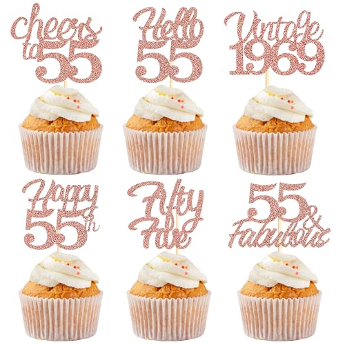 Sotpot Cupcake-Topper zum 55. Geburtstag, 30 Stück, rotgoldener Glitzer, fabelhaft, Prost, Hello 55, Cupcake-Picks, Geburtstagsparty, Cupcake-Dekorationen (6 Stile) von Sotpot