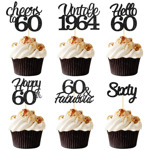Sotpot Cupcake-Topper zum 60. Geburtstag, 24 Stück, schwarzer Glitzer, fabelhaft/Prost/Hello 60 Cupcake-Picks, Geburtstagsparty-Cupcake-Dekorationen (6 Stile) von Sotpot