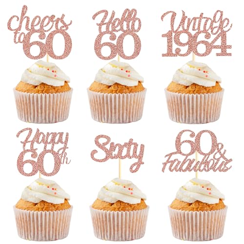 Sotpot Cupcake-Topper zum 60. Geburtstag, 30 Stück, rotgoldener Glitzer, fabelhaft/Prost/Hello 60 Cupcake-Picks, Geburtstagsparty-Cupcake-Dekorationen (6 Stile) von Sotpot