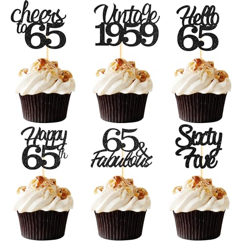 Sotpot Cupcake-Topper zum 65. Geburtstag, 24 Stück, schwarzer Glitzer, fabelhaft, Prost, Hello 65, Cupcake-Picks, Geburtstagsparty, Cupcake-Dekorationen (6 Stile) von Sotpot