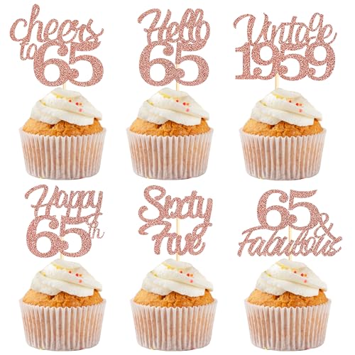 Sotpot Cupcake-Topper zum 65. Geburtstag, 30 Stück, rotgoldener Glitzer, fabelhaft, Prost, Hello 65, Cupcake-Picks, Geburtstagsparty, Cupcake-Dekorationen (6 Stile) von Sotpot