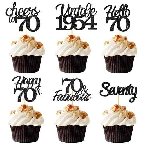 Sotpot Cupcake-Topper zum 70. Geburtstag, 24 Stück, schwarzer Glitzer, fabelhaft, Prost, Hello 70 Cupcake-Picks, Geburtstagsparty, Cupcake-Dekorationen (6 Stile) von Sotpot