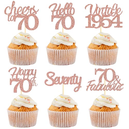 Sotpot Cupcake-Topper zum 70. Geburtstag, 30 Stück, rotgoldener Glitzer, fabelhaft, Prost, Hello 70, Cupcake-Picks, Geburtstagsparty, Cupcake-Dekorationen (6 Stile) von Sotpot