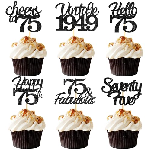 Sotpot Cupcake-Topper zum 75. Geburtstag, 24 Stück, schwarzer Glitzer, fabelhaft, Prost, Hello 75, Cupcake-Picks, Geburtstagsparty, Cupcake-Dekorationen (6 Stile) von Sotpot