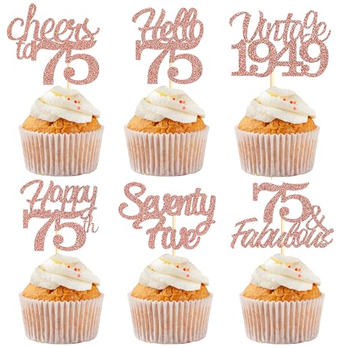 Sotpot Cupcake-Topper zum 75. Geburtstag, 30 Stück, rotgoldener Glitzer, fabelhaft, Prost, Hello 75, Cupcake-Picks, Geburtstagsparty, Cupcake-Dekorationen (6 Stile) von Sotpot