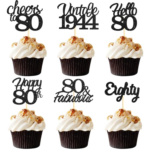 Sotpot Cupcake-Topper zum 80. Geburtstag, 24 Stück, schwarzer Glitzer, fabelhaft, Prost, Hello 80, Cupcake-Picks, Geburtstagsparty, Cupcake-Dekorationen (6 Stile) von Sotpot
