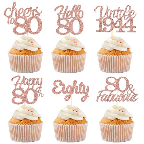 Sotpot Cupcake-Topper zum 80. Geburtstag, 30 Stück, rotgoldener Glitzer, fabelhaft, Prost, Hello 80, Cupcake-Picks, Geburtstagsparty, Cupcake-Dekorationen (6 Stile) von Sotpot
