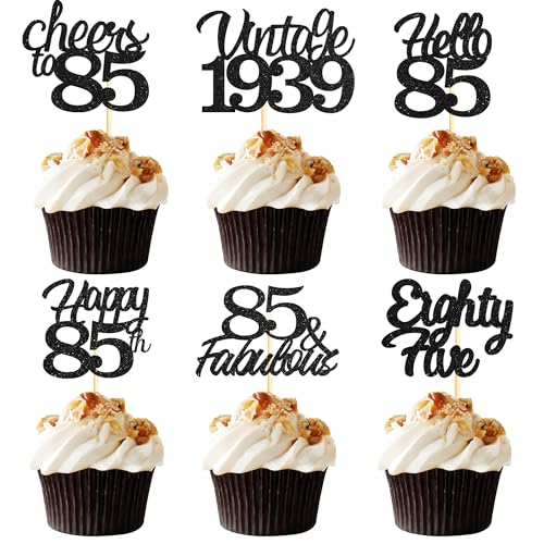 Sotpot Cupcake-Topper zum 85. Geburtstag, 24 Stück, schwarzer Glitzer, fabelhaft, Prost, Hello 85, Cupcake-Picks, Geburtstagsparty, Cupcake-Dekorationen (6 Stile) von Sotpot
