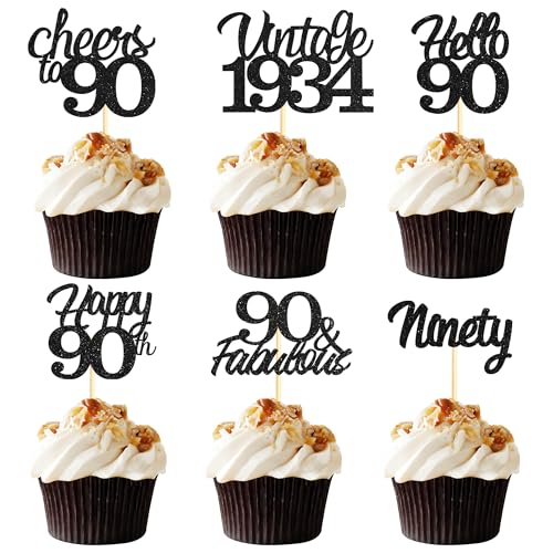 Sotpot Cupcake-Topper zum 90. Geburtstag, 24 Stück, schwarzer Glitzer, fabelhaft, Prost, Hello 90, Cupcake-Picks, Geburtstagsparty, Cupcake-Dekorationen (6 Stile) von Sotpot