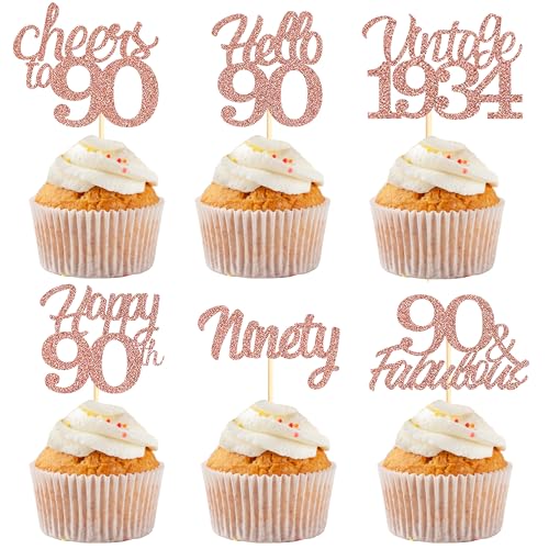Sotpot Cupcake-Topper zum 90. Geburtstag, 30 Stück, rotgoldener Glitzer, fabelhaft, Prost, Hello 90, Cupcake-Picks, Geburtstagsparty, Cupcake-Dekorationen (6 Stile) von Sotpot