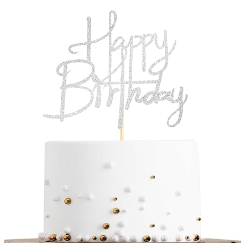 Sotpot Happy Birthday Cake Topper, Silber Glitzer Happy Birthday Tortendeko Geeignet für Party Dekoration für Jubiläum/Geburtstag, für Photo Booth Requisiten von Sotpot