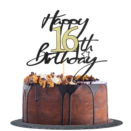 Sotpot Kuchendekoration zum 16. Geburtstag, Schwarz und Gold, glitzernd, 1 Stück, Happy 16th Cake Toppers für Jungen und Mädchen, Geburtstagsparty-Zubehör von Sotpot