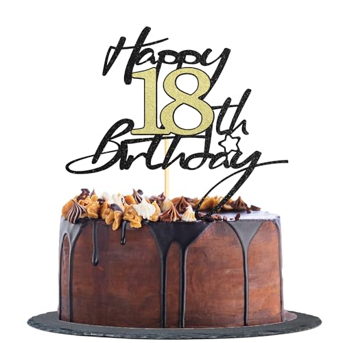 Sotpot Kuchendekoration zum 18. Geburtstag, Schwarz und Gold, glitzernd, 1 Stück, Happy 18th Cake Toppers für Jungen und Mädchen, Geburtstagsparty-Zubehör von Sotpot