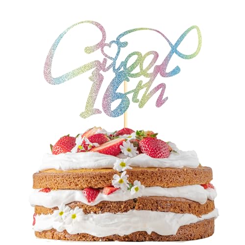 Sotpot Sweet 16 Cake Topper, Regenbogen-Glitzer, Kuchenspieß zum 16. Geburtstag, für Prost bis 16. Geburtstag, Party-Kuchendekorationen, Zubehör, Regenbogen-Dekoration von Sotpot