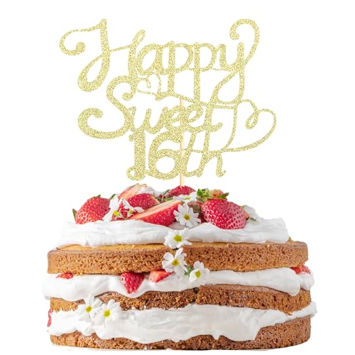 Sotpot Tortenaufsatz "Happy Sweet 40.6 cm, mit Aufschrift "Hello 16, Cheers to 16 Years", Kuchendekoration zum 16. Geburtstag, Party-Dekoration, Gold, 1 Stück von Sotpot