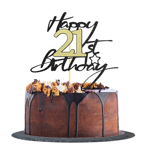 Sotpot Tortenaufsatz zum 21. Geburtstag, Schwarz und Gold, glitzernd, Kuchendekoration zum 21. Geburtstag, für Jungen und Mädchen, 1 Stück von Sotpot