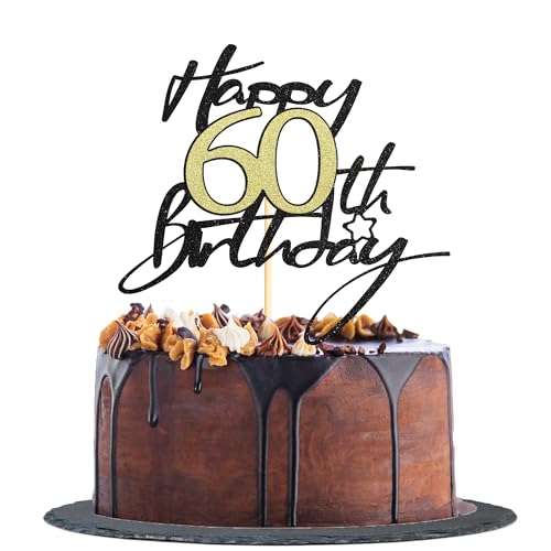 Sotpot Tortenaufsatz zum 60. Geburtstag, Schwarz und Gold, glitzernd, Kuchendekoration zum 60. Geburtstag, für Jungen und Mädchen, 1 Stück von Sotpot