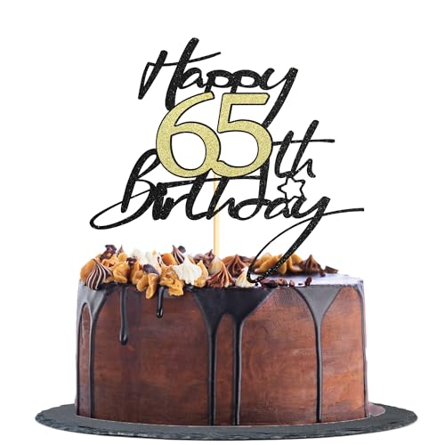 Sotpot Tortenaufsatz zum 65. Geburtstag, Schwarz und Gold, glitzernd, Kuchendekoration zum 65. Geburtstag, für Jungen und Mädchen, 1 Stück von Sotpot