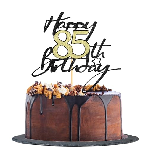 Sotpot Tortenaufsatz zum 85. Geburtstag, Schwarz und Gold, glitzernd, Kuchendekoration zum 85. Geburtstag, für Jungen und Mädchen, 1 Stück von Sotpot