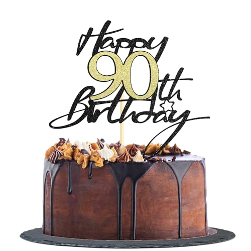 Sotpot Tortenaufsatz zum 90. Geburtstag, Schwarz und Gold, glitzernd, Kuchendekoration zum 90. Geburtstag, für Jungen und Mädchen, 1 Stück von Sotpot