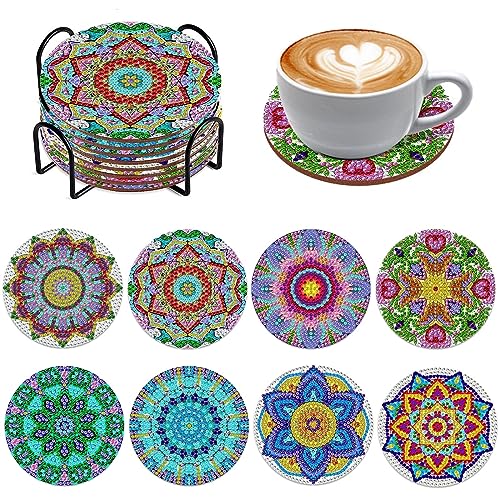 Souarts Mandala Diamond Painting Untersetzer mit Halter, 8PCS DIY Diamant Painting Coasters Basteln Erwachsene Kinder für Glas Tassen Vasen Kerzen Getränke von Souarts