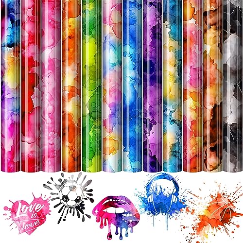 Souarts Plotterfolie für Tassen Selbstklebend, Marmor tie-dye Muster Vinylfolie Plotter Transferfolie, Holographische Schneideplotter für Basteln Glas Fenster 30cmx25cm (12er Bunt) von Souarts